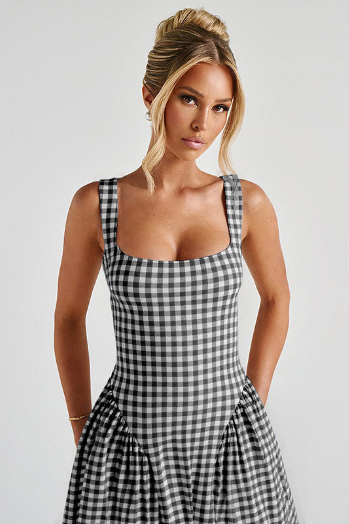 Gingham Square Neck Midi Dress in Black – close-up of the square neckline bodice