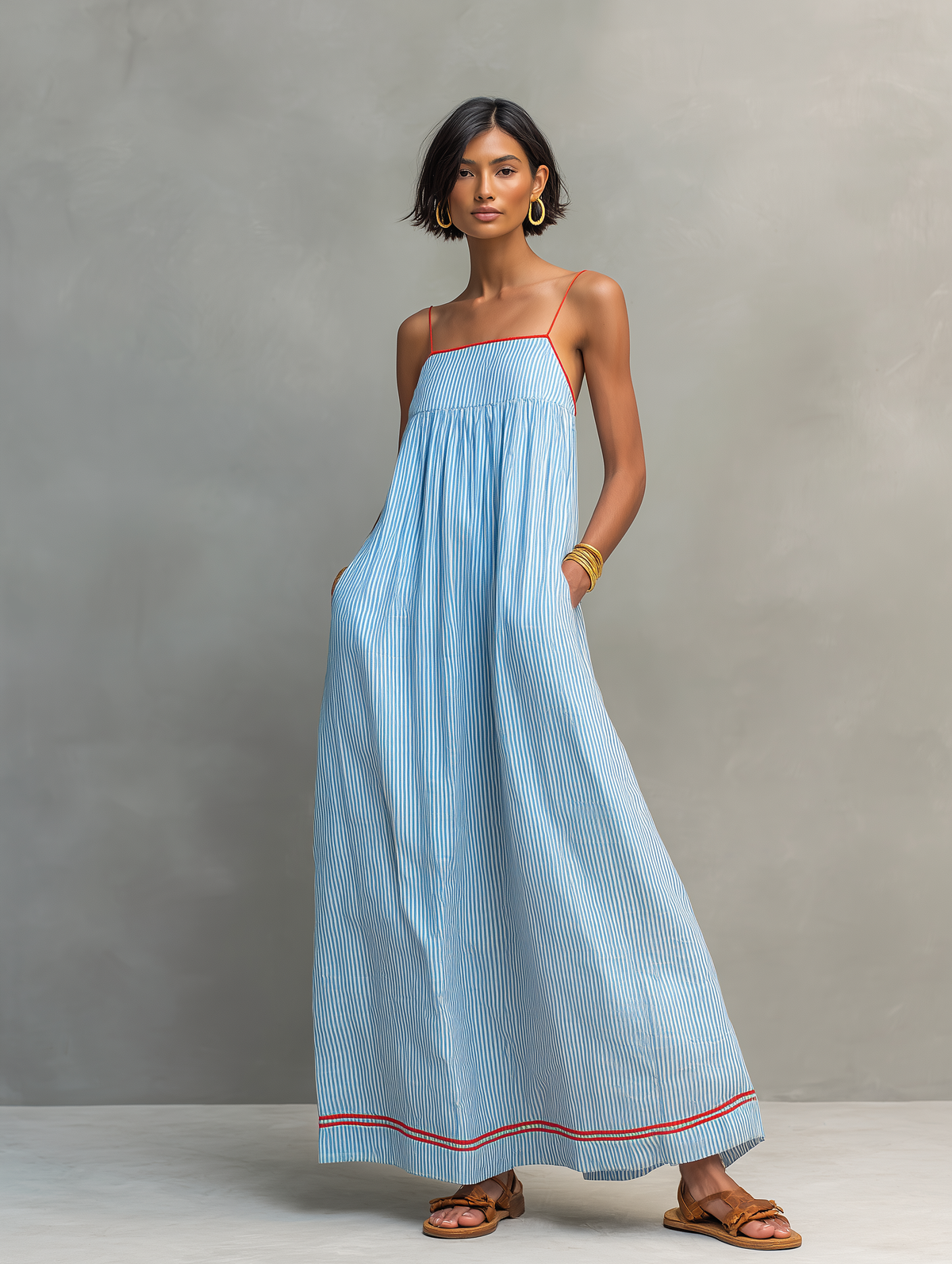Striped Spaghetti Strap Maxi Dress with Red Accents – view 8