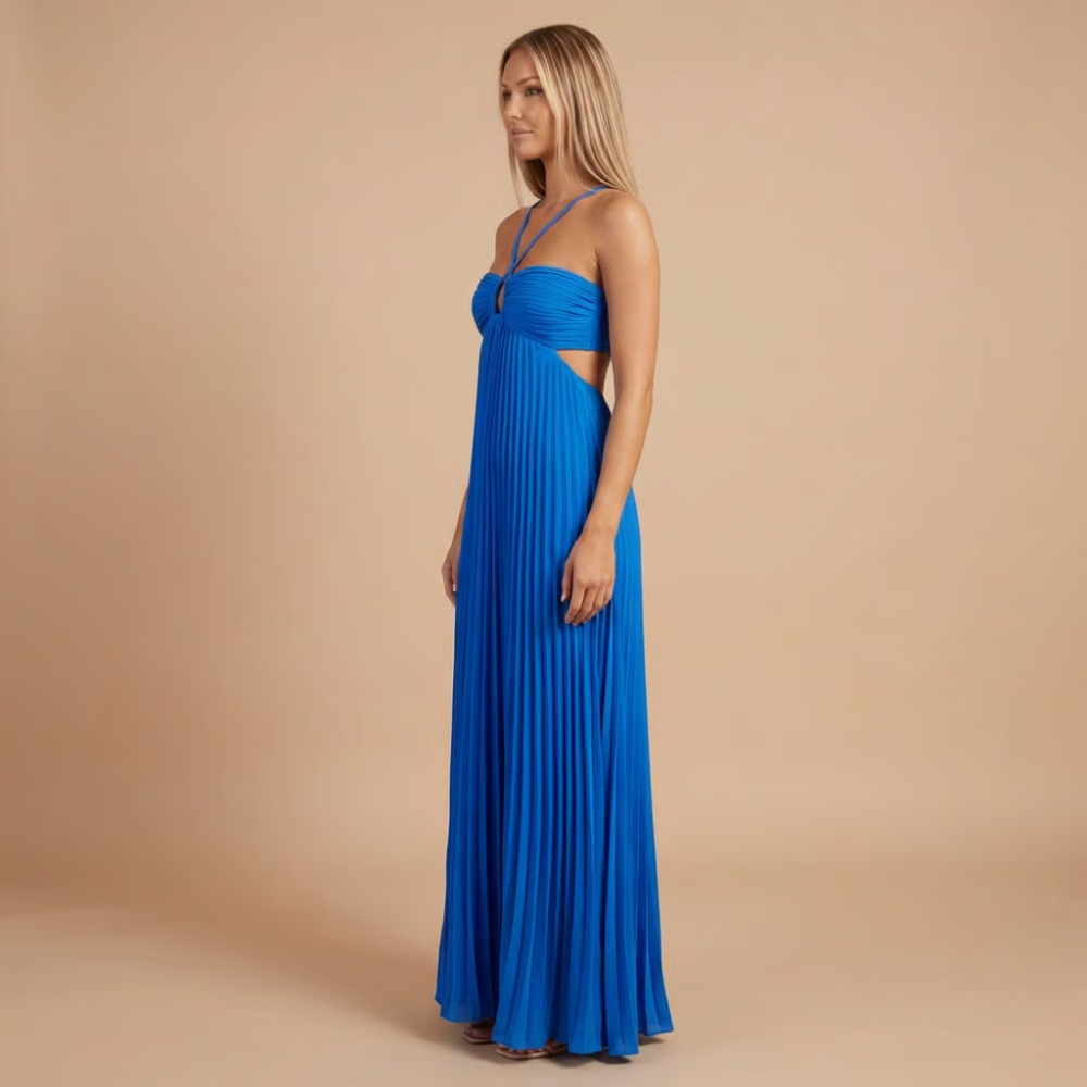 Pleated Halter Cut-Out Maxi Dress in Dark Blue – side view