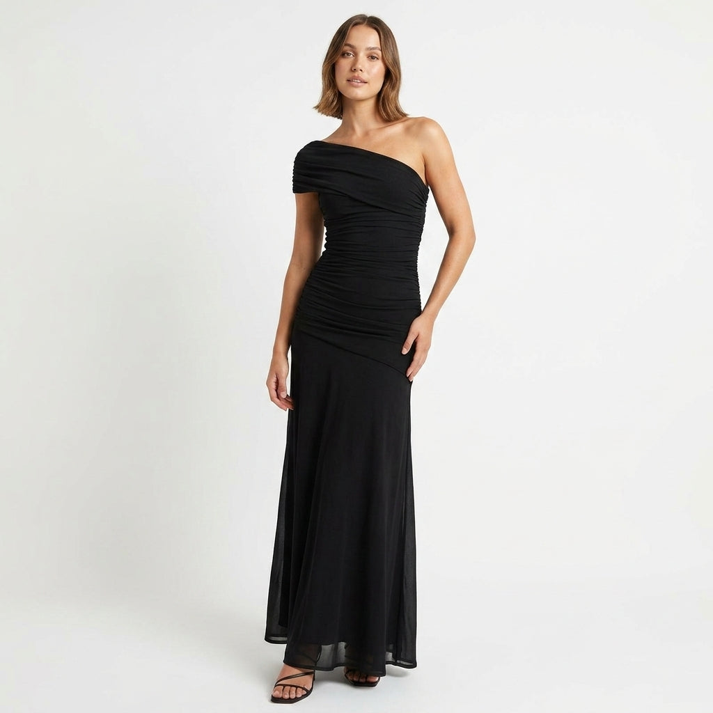One-Shoulder Gathered Maxi Dress in Black – front view, full length