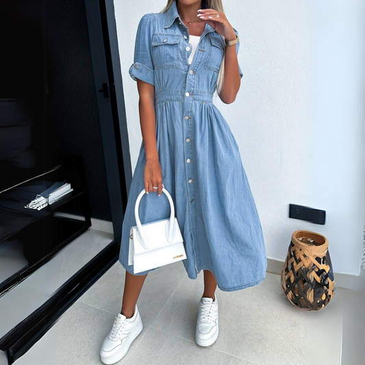 Button Front Short Sleeve Shirt Midi Dress – view 2