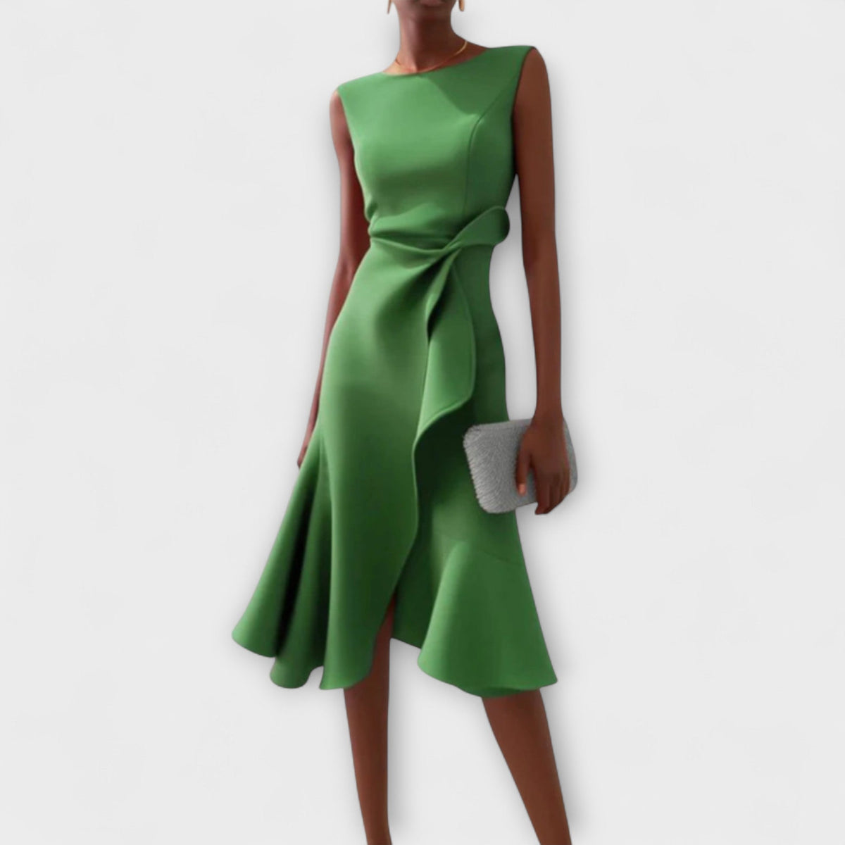 Draped Asymmetric Sleeveless Midi Dress – Green