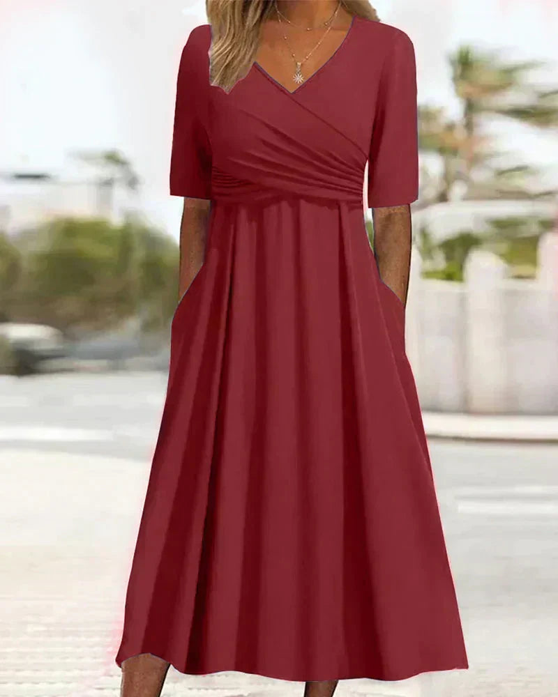 Crossover V-Neck Short Sleeve Midi Dress – Red