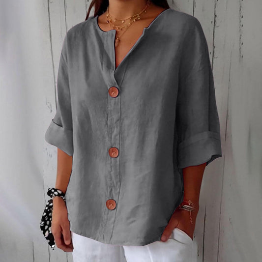 Button Front Relaxed Summer Blouse – Grey