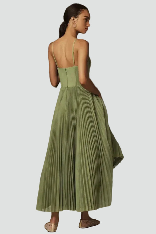 Green Corset Pleated Midi Dress – back view