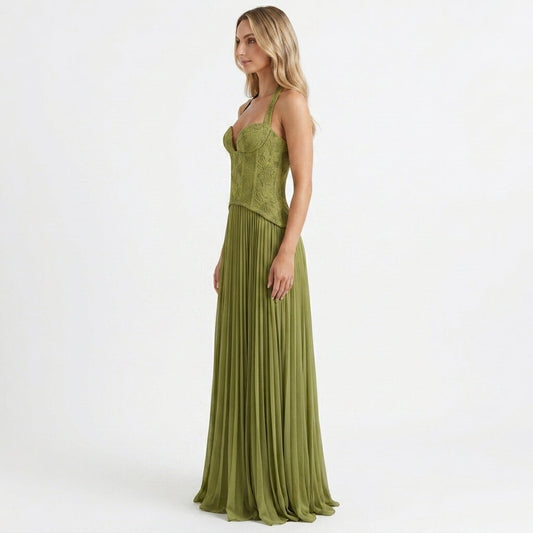 Green Corset Pleated Maxi Dress – side view