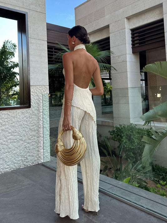 Satin Asymmetric Halter Top & Wide Leg Pants Set – view 2
