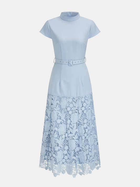 Aqua Belted Short Sleeve Lace Hem Midi Dress – view 2