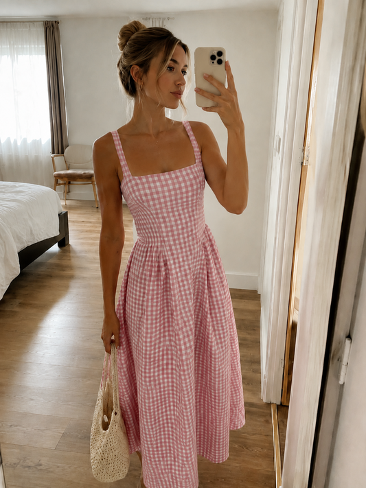 Pink Plaid Smocked Bust Flared Sundress – view 2
