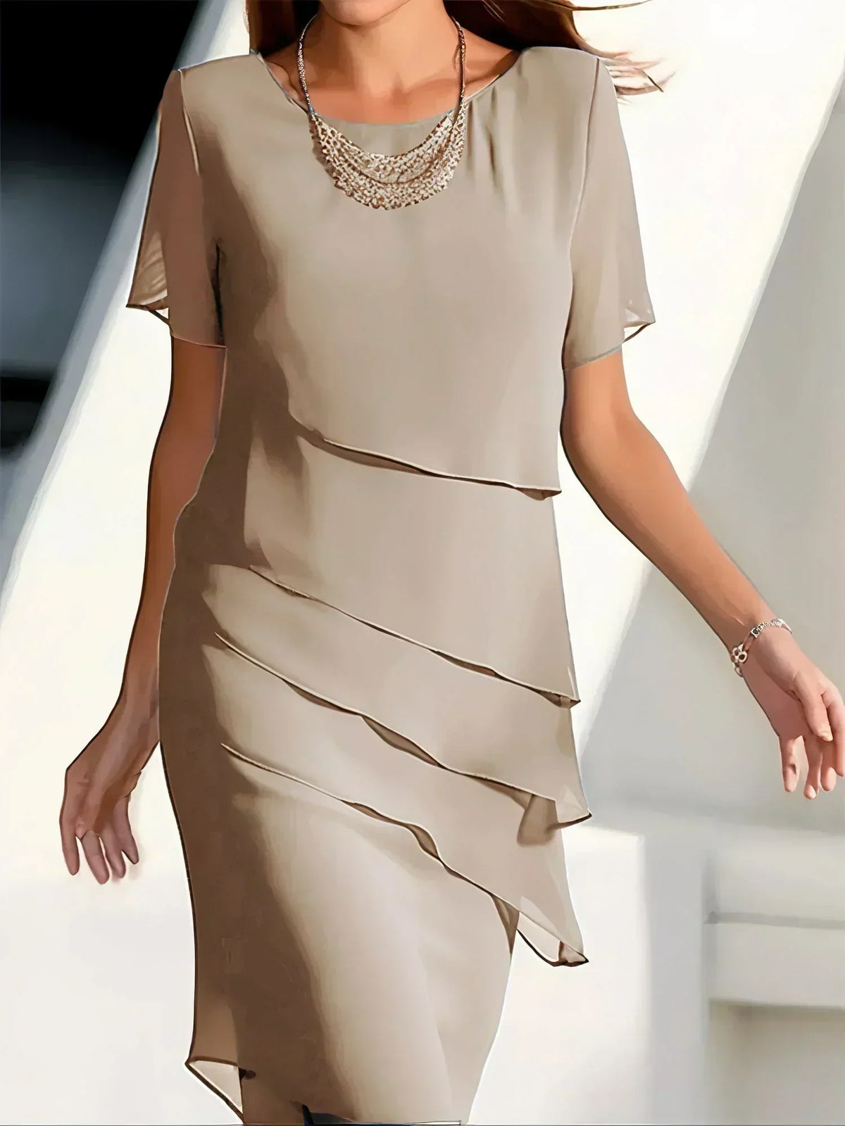 Layered Hem Short Sleeve Midi Dress – Khaki