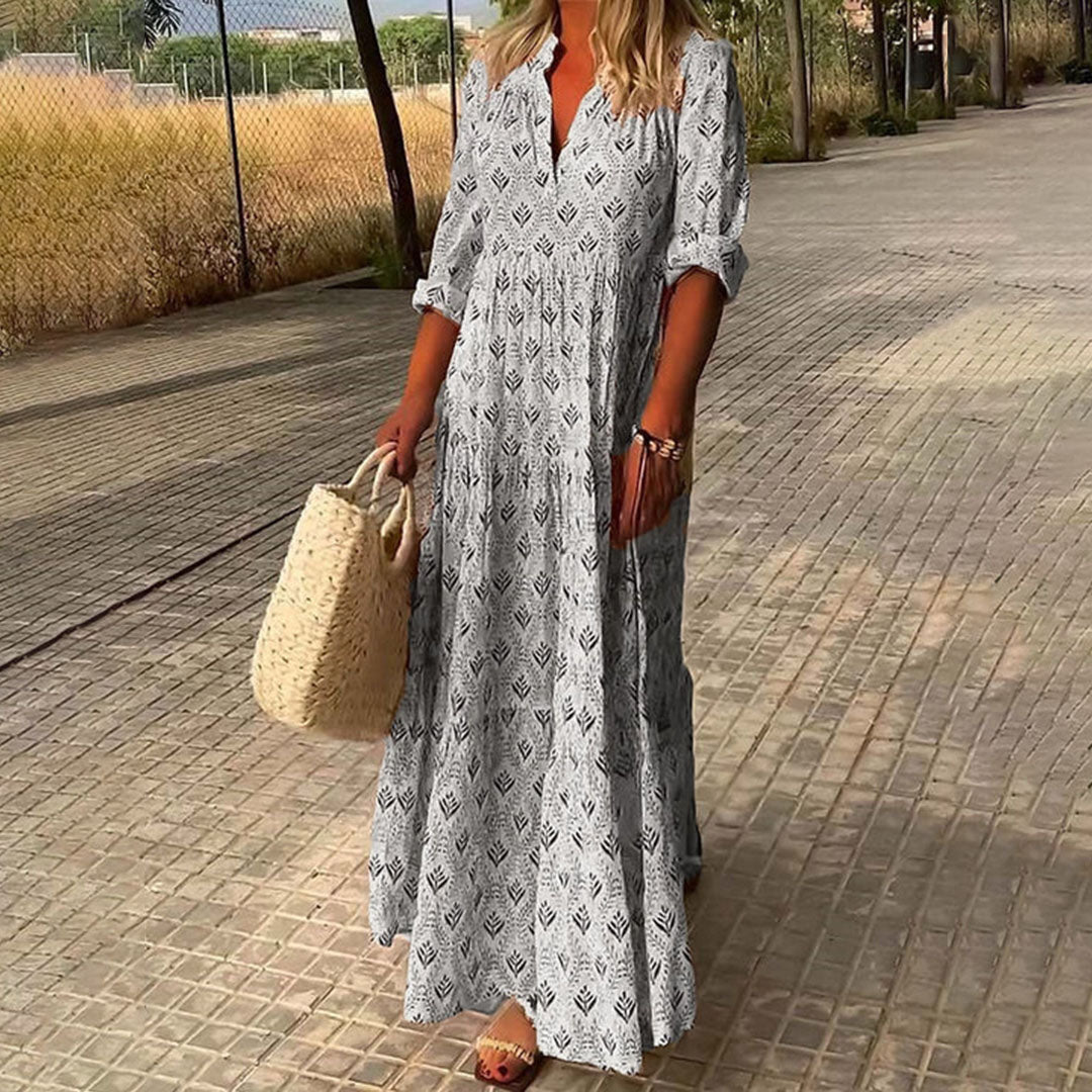 Boho V-Neck Flowing Maxi Dress – Grey