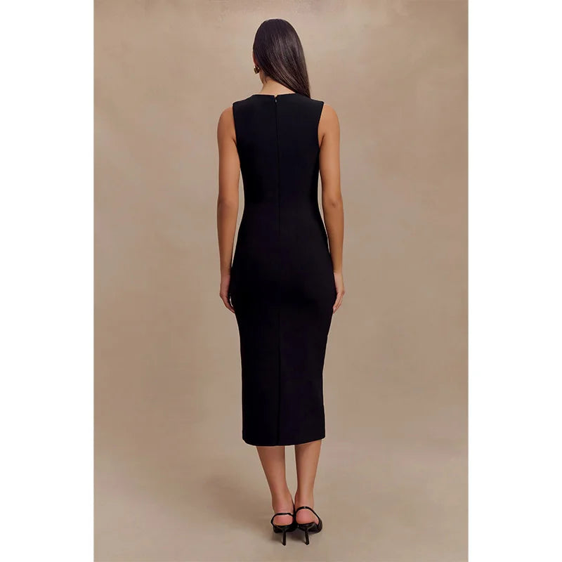 Back view of black midi sheath dress with back zip