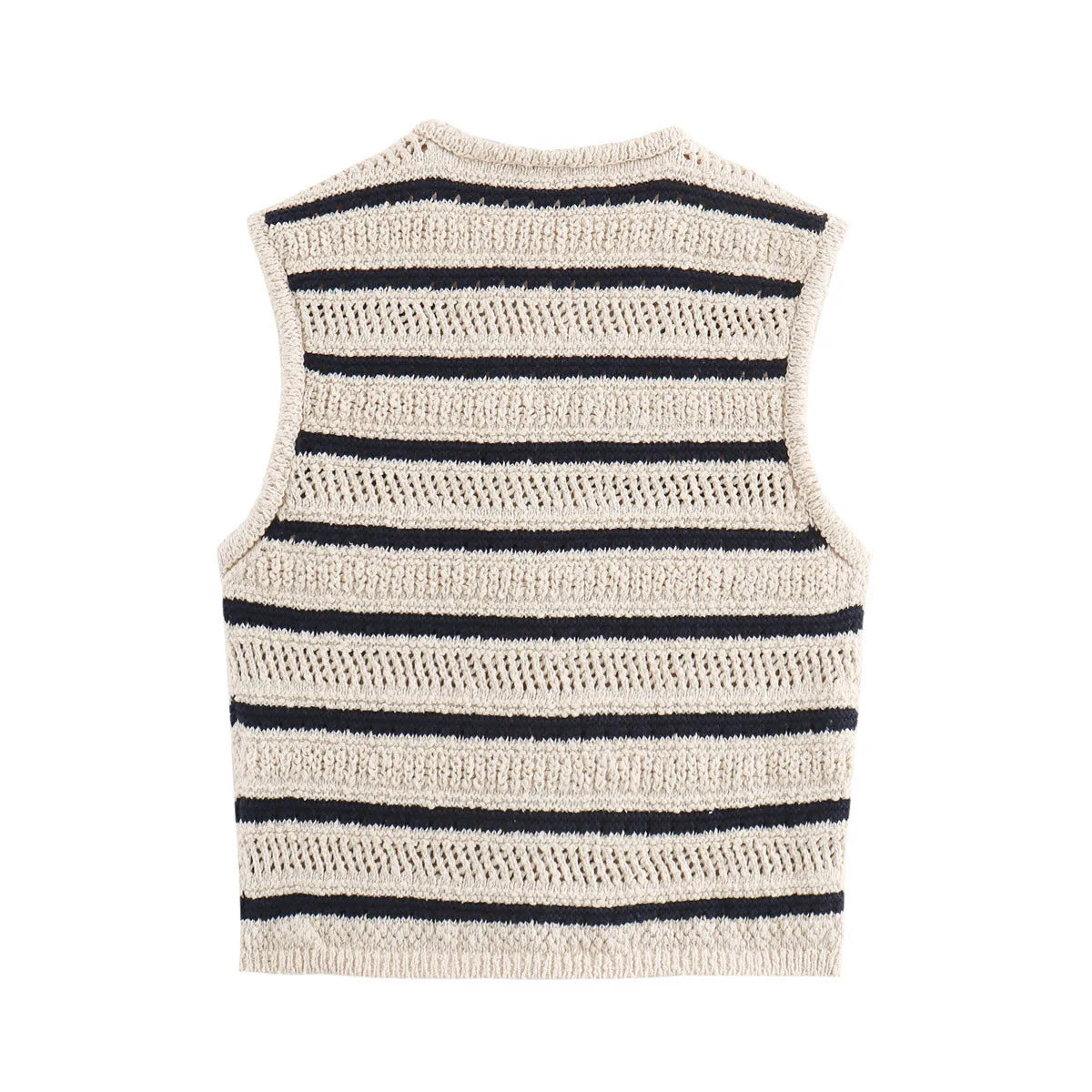 Flat back view of cream and navy striped knit vest
