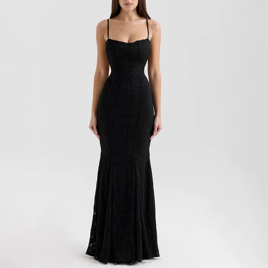 Front view of fitted black lace maxi dress with fine straps