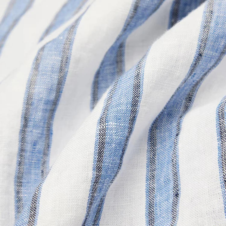 Fabric close-up of blue and white stripe with crinkle texture