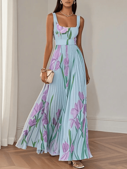 Tulip Print Pleated Maxi Dress in Blue – full-length front view