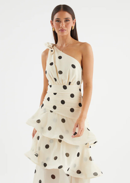White Polka Dot One-Shoulder Midi Dress – three-quarter view of bodice and tiers