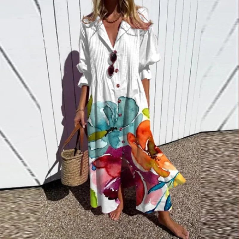 Boho Print V-Neck Maxi Dress – White