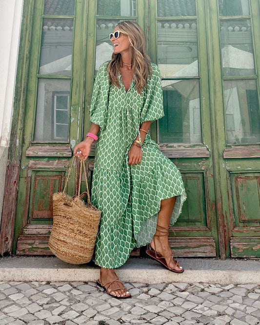 Boho V-Neck Maxi Dress – Grass Green