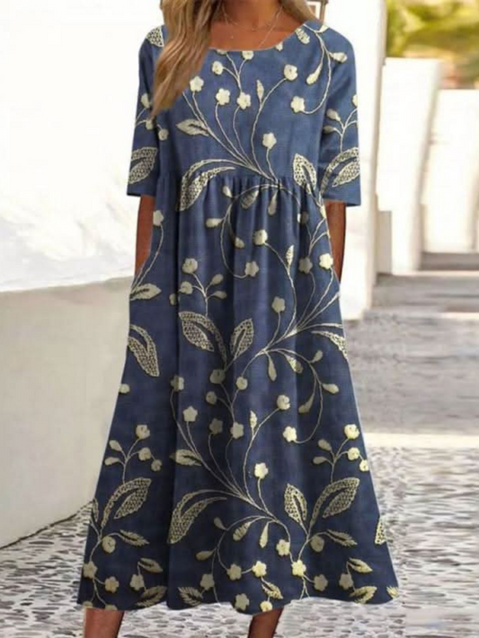 Embroidered Round Neck Midi Dress – Navy