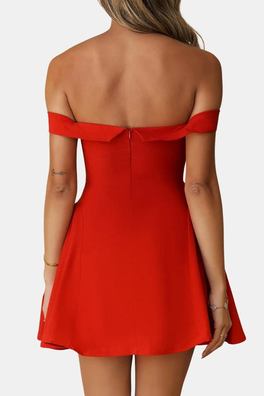 Off-Shoulder Flared Mini Dress in Red – back view