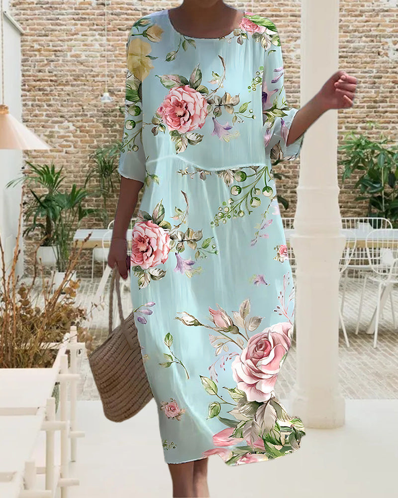 Floral Print 3/4 Sleeve Midi Dress – view 4
