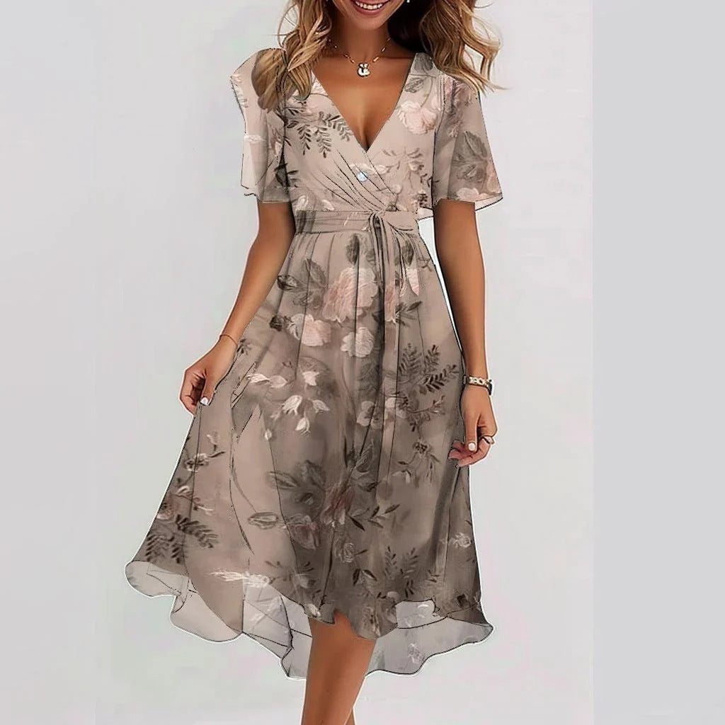 Printed Short Sleeve V-Neck Mini Dress – Light Brown