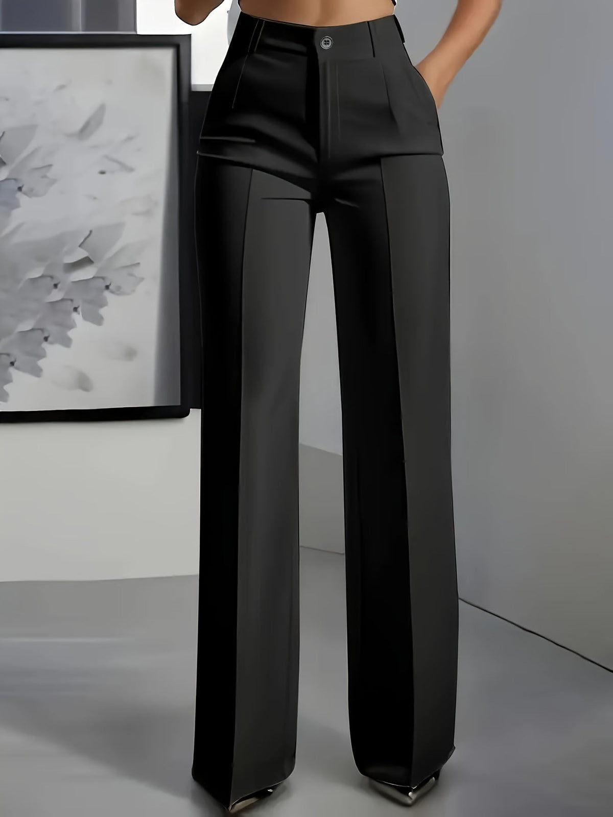 High Waisted Pleated Straight Leg Trousers – Black