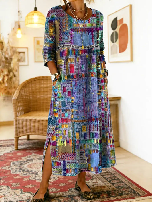 Ethnic Print Patchwork Maxi Dress – Multicolour