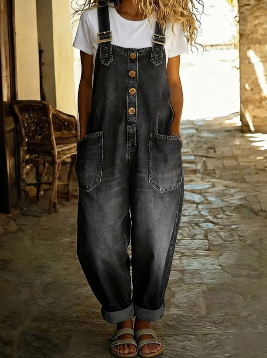 Wide Leg Denim Overalls with Buckle Straps – Black
