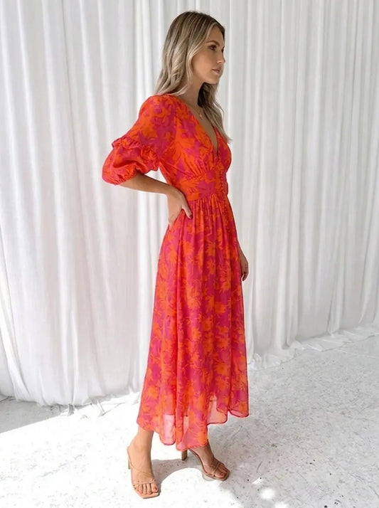 Floral Puff Sleeve V-Neck Midi Dress – view 2