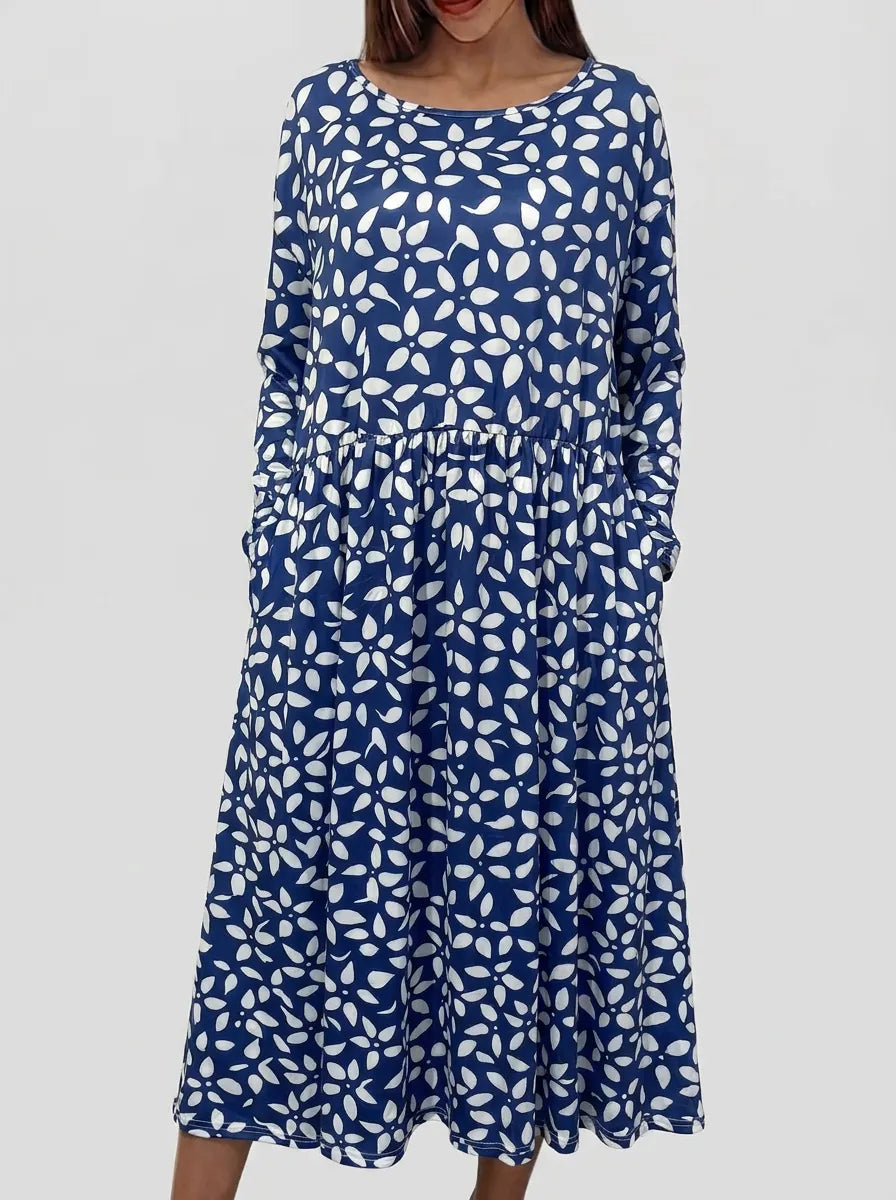 Coastal Floral Short Sleeve Midi Dress – Dark Blue