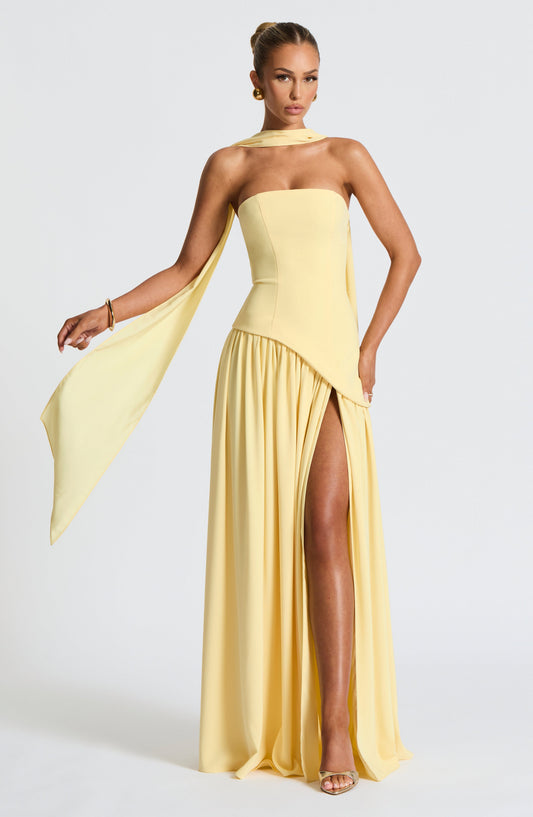 Strapless Pleated Maxi Dress with Thigh Split in Yellow – front view with scarf detail