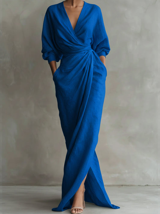 V-Neck 3/4 Sleeve Maxi Dress with Pocket – Blue