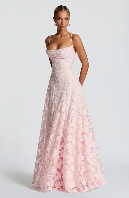 Floral Textured Open-Back Maxi Dress in Pink – full-length front view, hands in pockets
