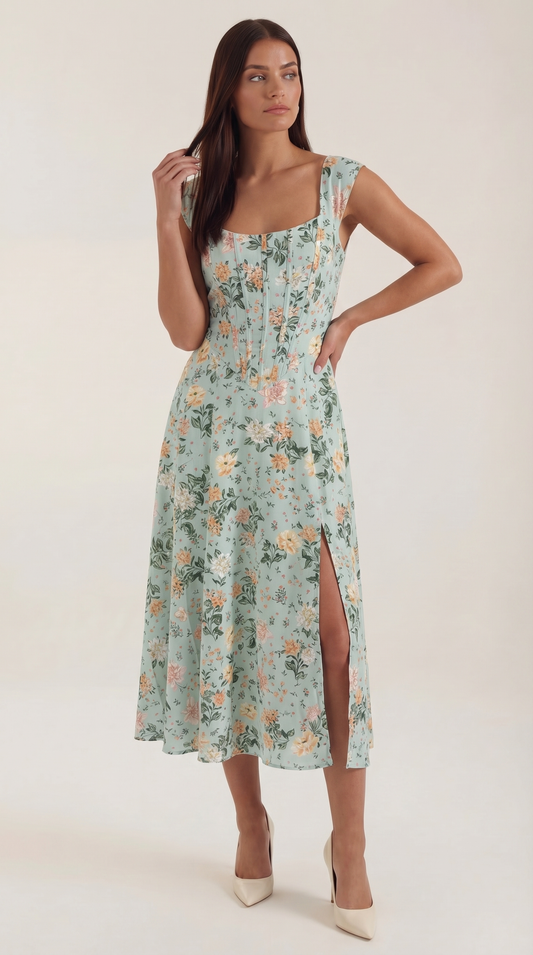 Corset Square Neck Midi Dress with Side Slit in Mint Floral – front view, full length