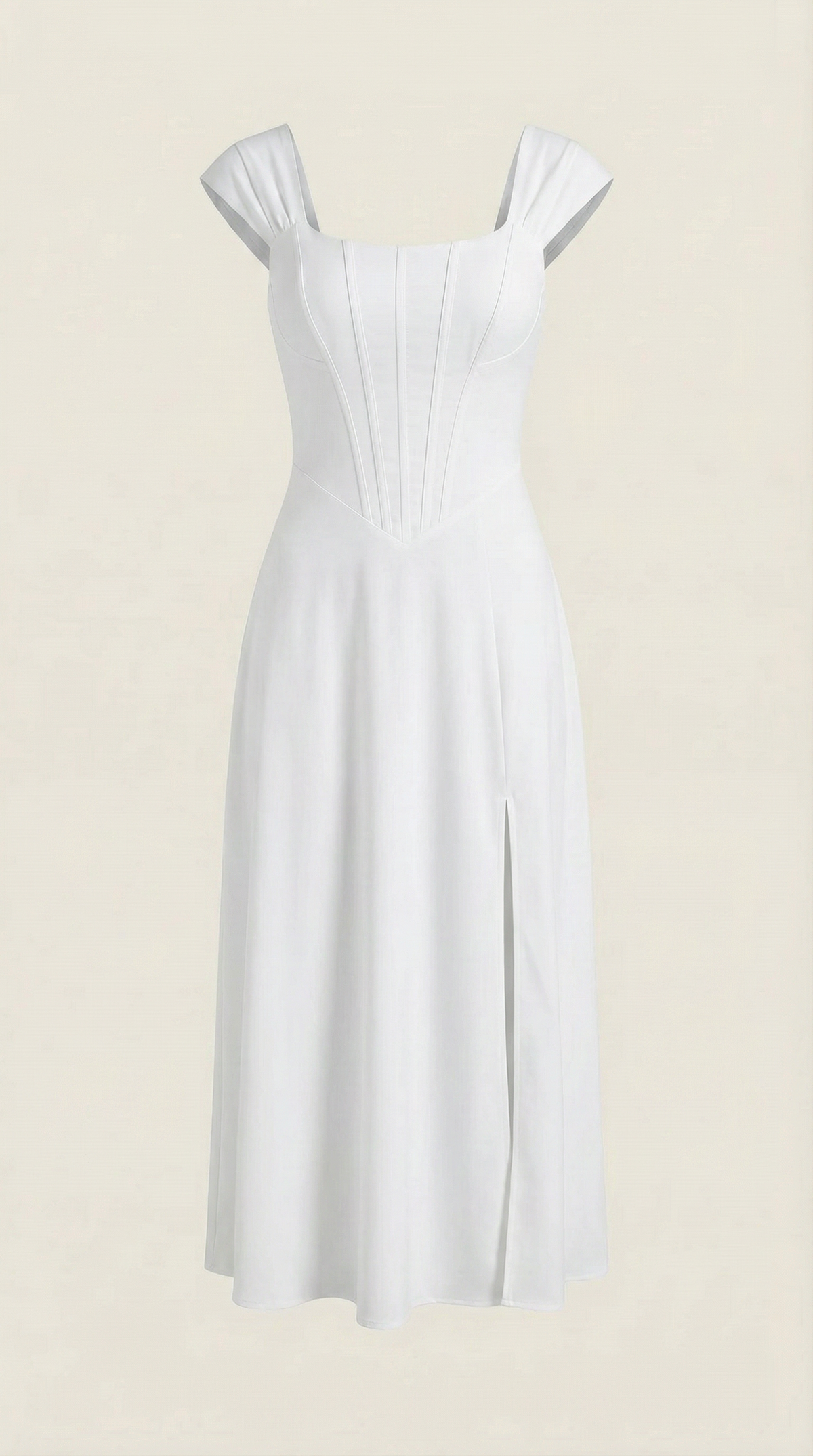 Corset Square Neck Midi Dress with Side Slit in White – flat product view