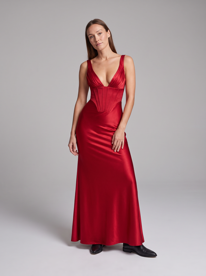 Red Corset Maxi Dress – front view, full length