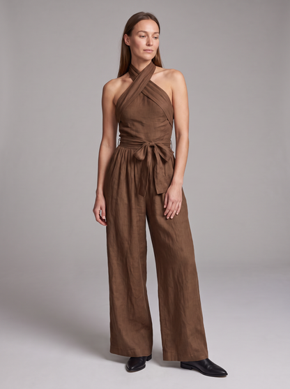 Cross Halter Wide-Leg Jumpsuit in Brown – full-length front view