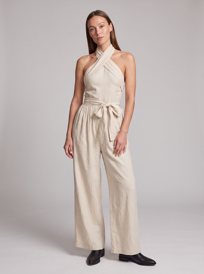 Cross Halter Wide-Leg Jumpsuit in White – full-length front view