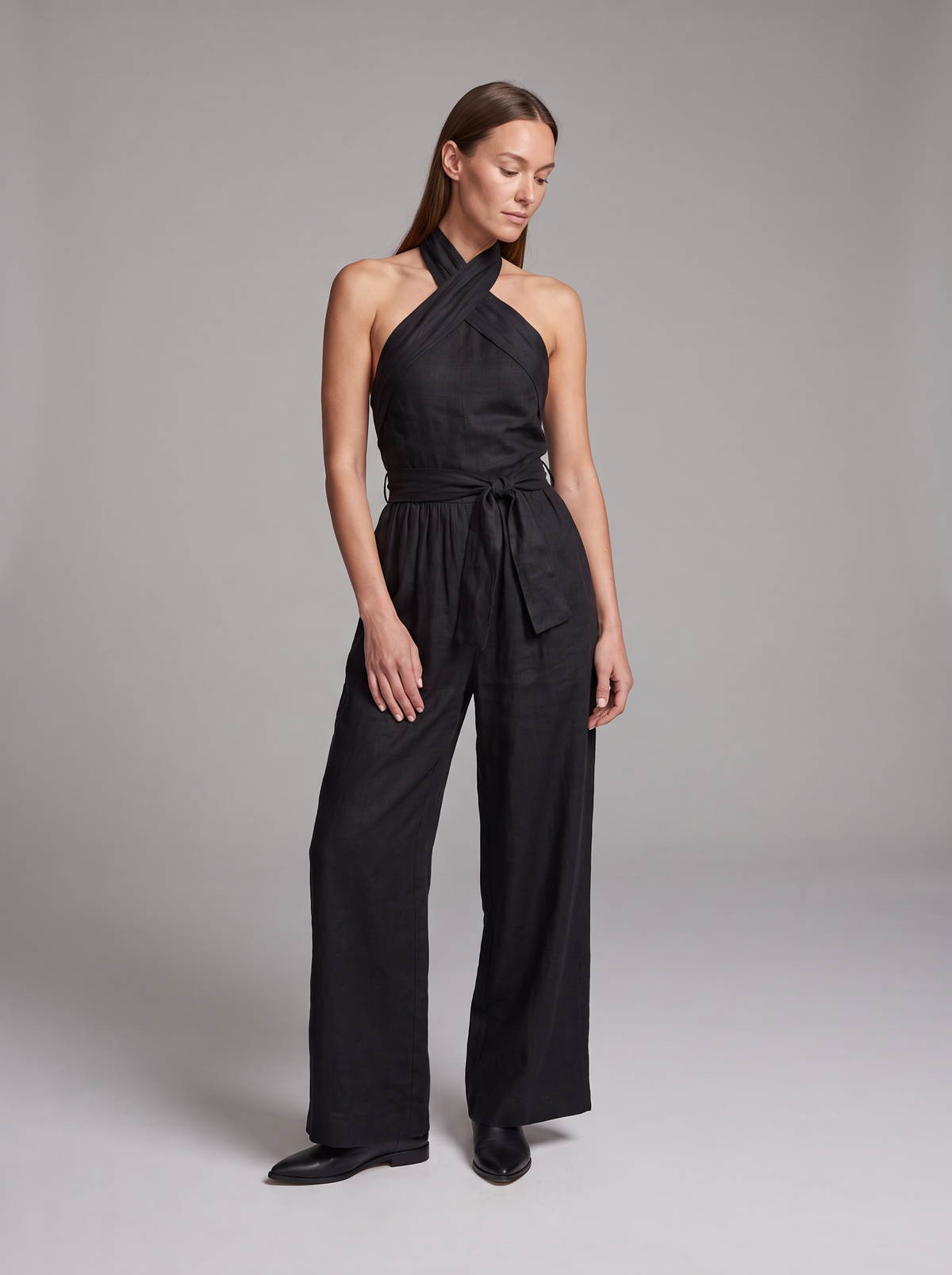 Cross Halter Wide-Leg Jumpsuit in Black – full-length front view