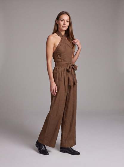Cross Halter Wide-Leg Jumpsuit in Brown – full-length three-quarter view