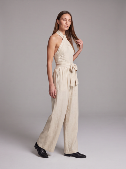 Cross Halter Wide-Leg Jumpsuit in White – full-length three-quarter view