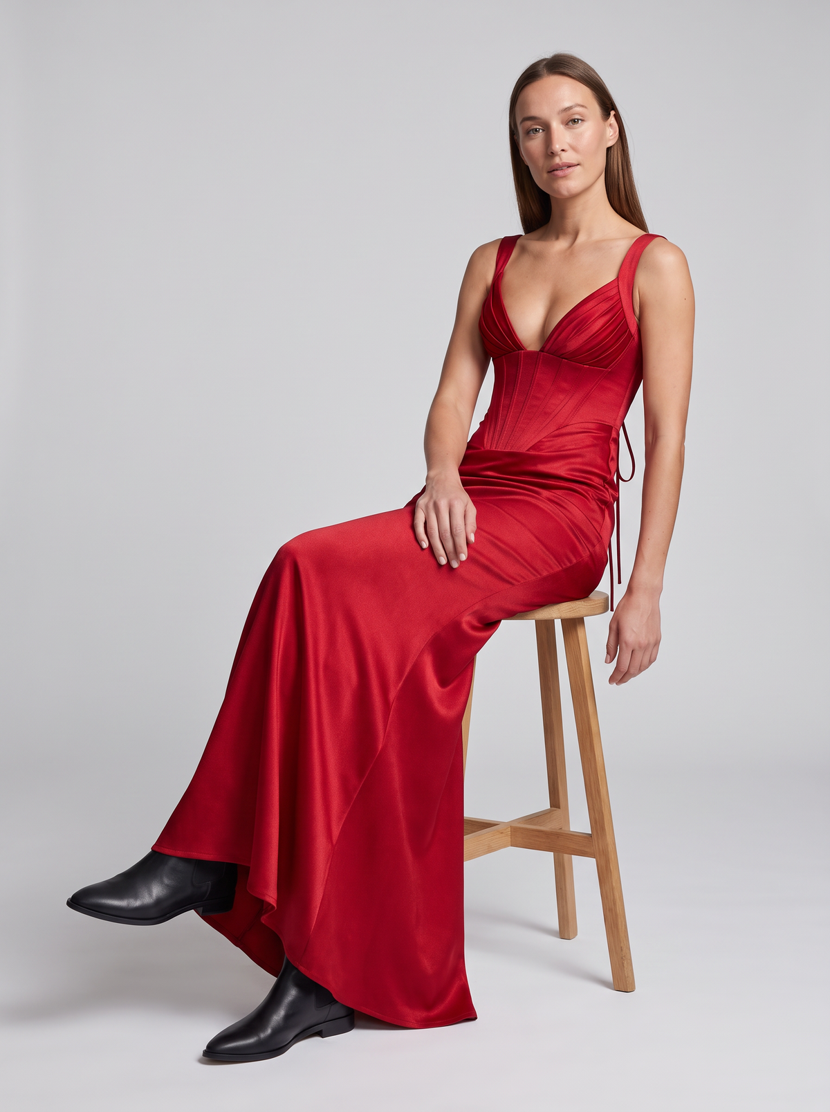 Red Corset Maxi Dress – seated view