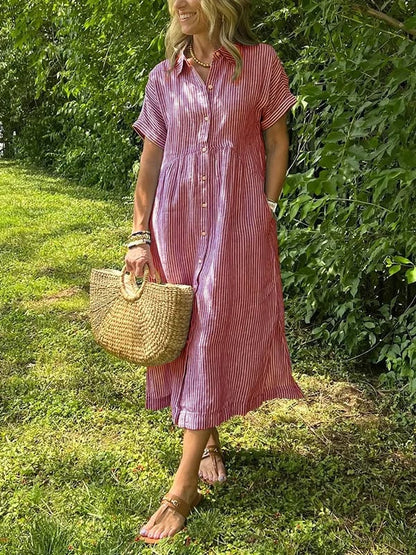 Striped Lapel Collar Button Shirt Dress – Red