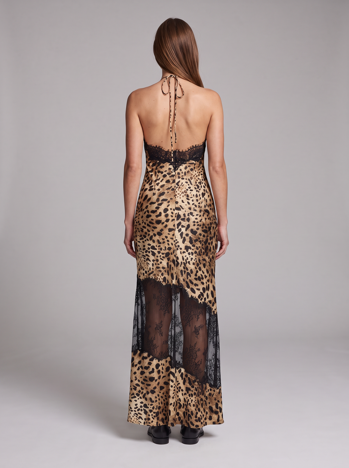 Leopard Print Halter Maxi Dress – full-length back view showing open back
