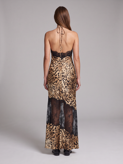 Leopard Print Halter Maxi Dress – full-length back view showing open back