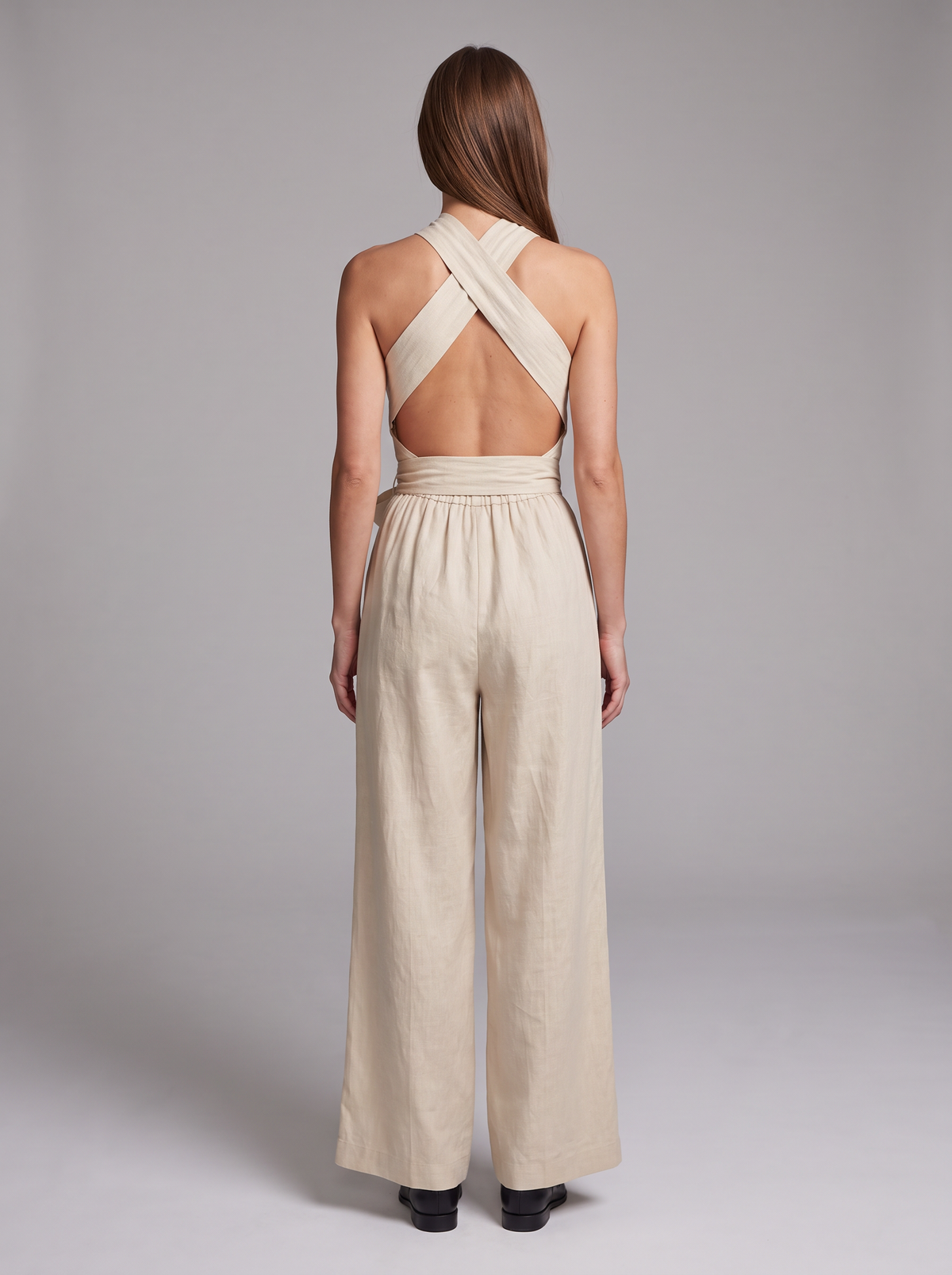 Cross Halter Wide-Leg Jumpsuit in White – full-length back view showing cross straps