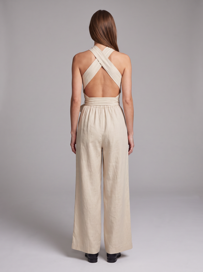 Cross Halter Wide-Leg Jumpsuit in White – full-length back view showing cross straps