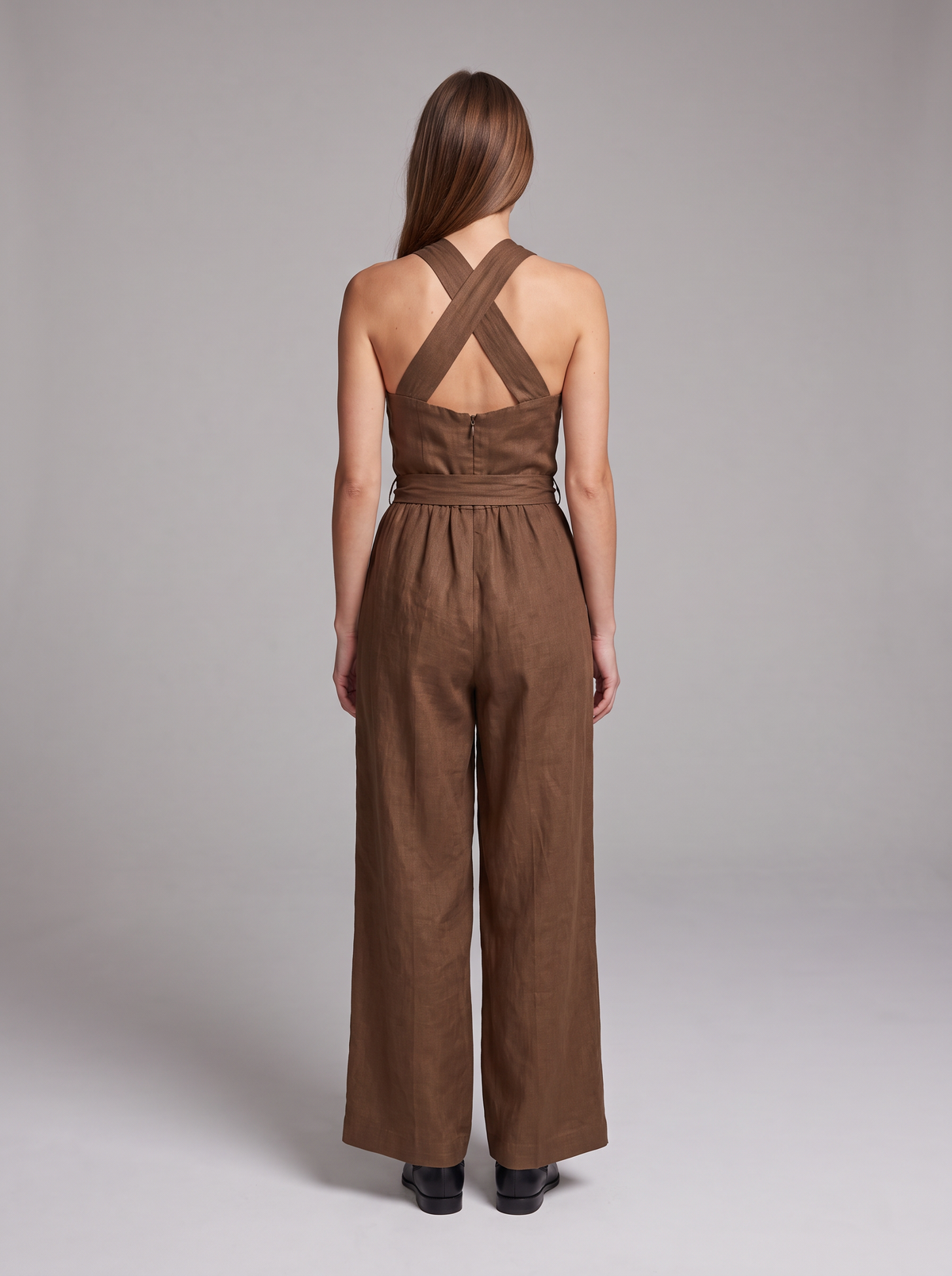 Cross Halter Wide-Leg Jumpsuit in Brown – full-length back view showing cross straps